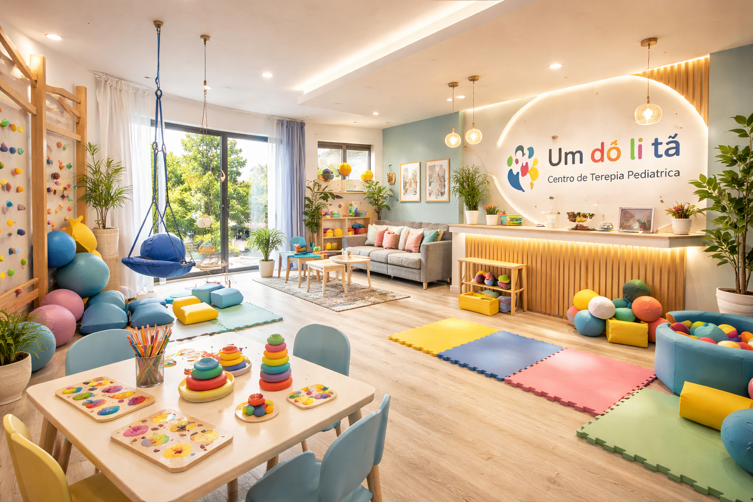 Interior do centro infantil com equipamentos terapêuticos