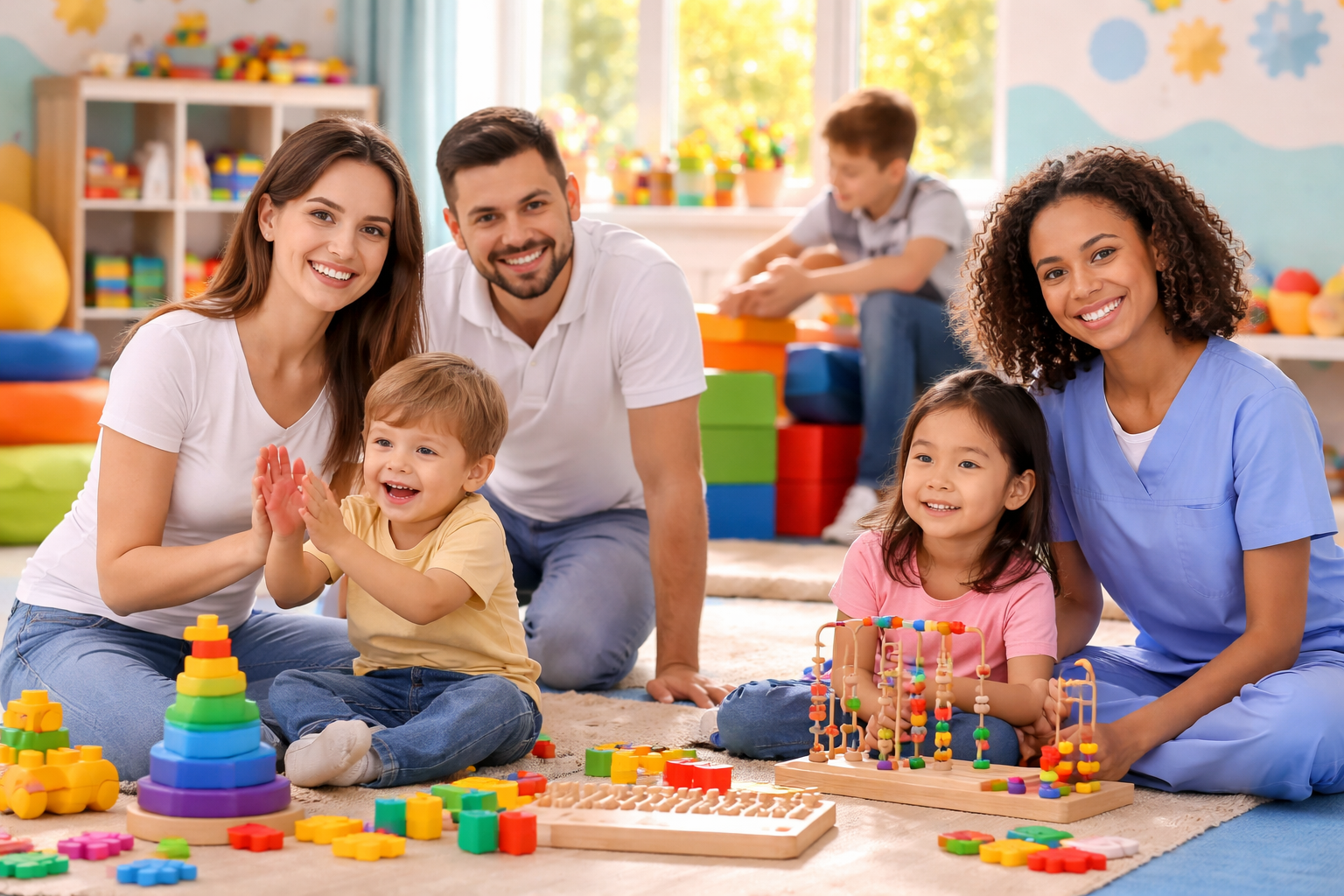 Sala de terapia infantil com ambiente acolhedor e terapeutas em atividade