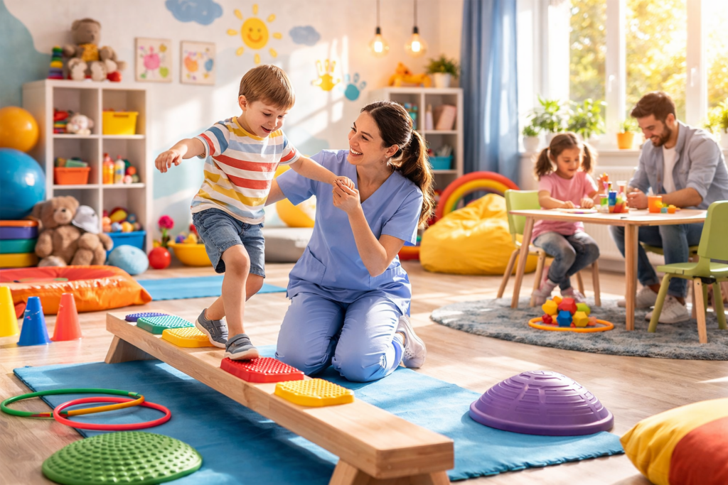 Sessão de fisioterapia com exercícios de mobilidade infantil