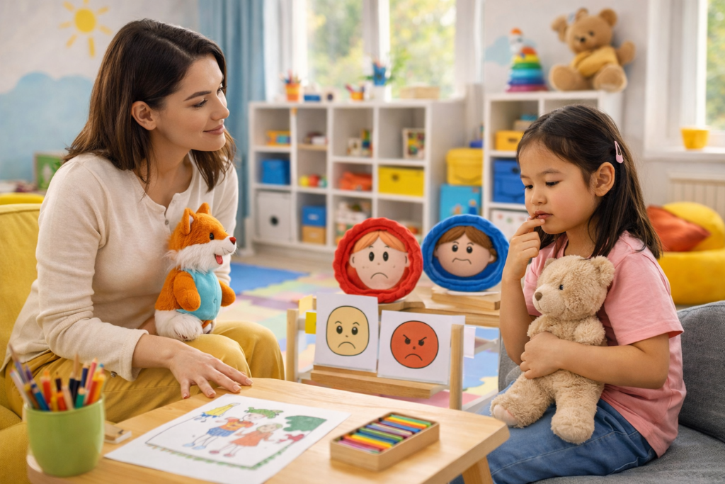 Sessão de psicologia infantil com exercícios emocionais