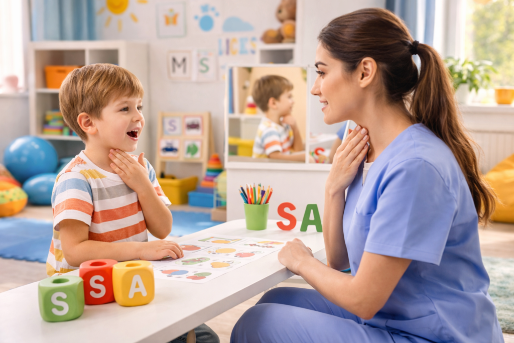 Sessão de terapia da fala com criança e terapeuta